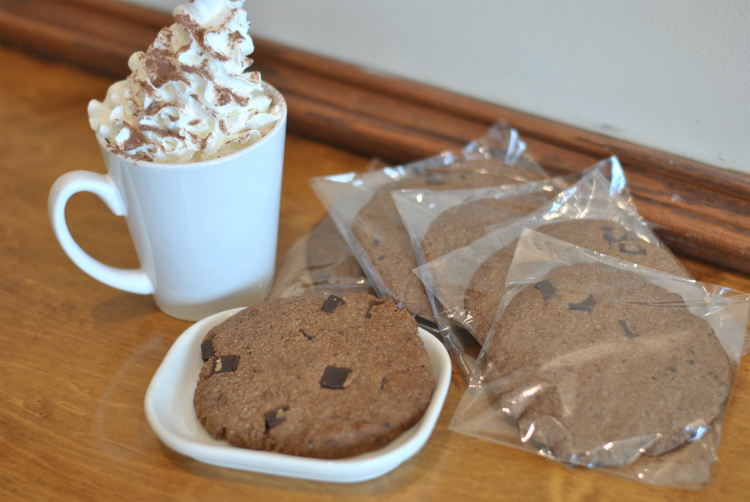 A cup of mocha accompanies chocolate chip-filled mocha cookies.